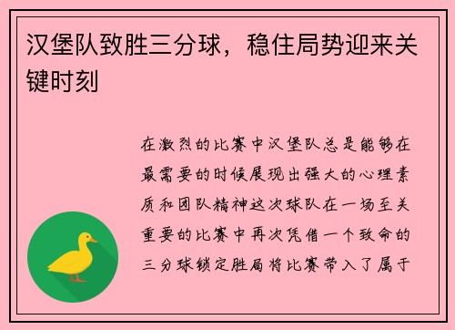 汉堡队致胜三分球，稳住局势迎来关键时刻