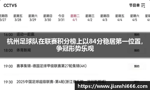 杭州足球队在联赛积分榜上以84分稳居第一位置，争冠形势乐观